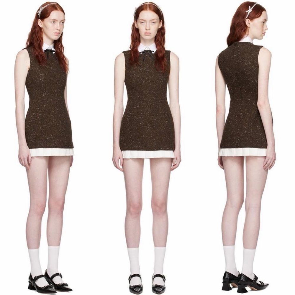 Shushu/ Tong- Brown Bow Mini Dress Wool Blend Tweed Size Large US 10